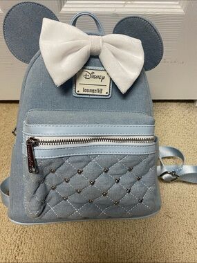 Loungefly Kids Pastel Blue Minnie Ear Mini Backpack with White Bow